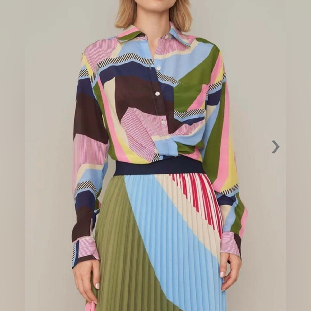 LE SUPERBE Interrupted Pattern Sunset Tower Tuck Silk Blouse Women’s Sz 0